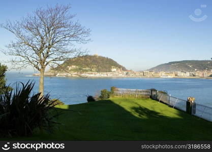 High angle view of a garden on a waterfront, Spain