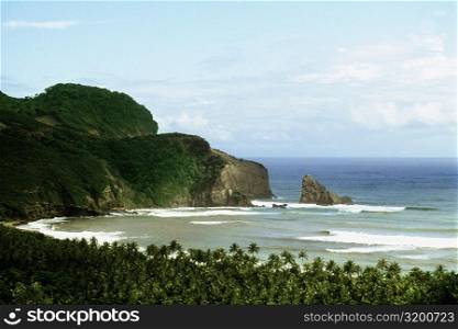 High angle view of a gentle surf breaking on a seashore, St. Lucia, Caribbean