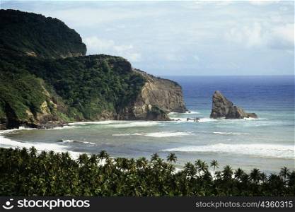 High angle view of a gentle surf breaking on a seashore, St. Lucia, Caribbean
