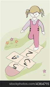 High angle view of a girl playing a hopscotch