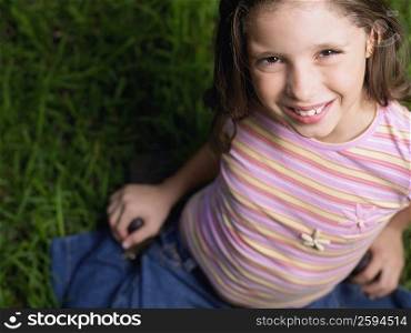 High angle view of a girl smiling
