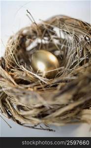 High angle view of a golden egg in a nest