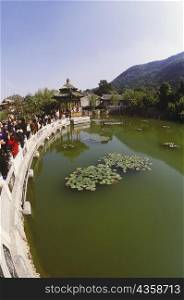 High angle view of a group of people at the lakeside, China