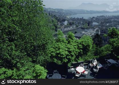 High angle view of a group of people sitting at a hotel, Chateau Gutsch, Lucerne, Switzerland