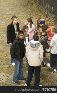 High angle view of a group of teenage boys and teenage girls