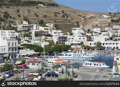 High angle view of a harbor in a city, Skala, Patmos, Dodecanese Islands, Greece