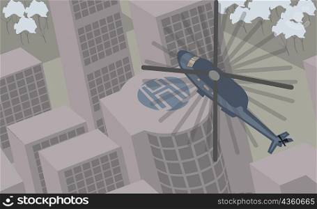 High angle view of a helicopter flying over buildings