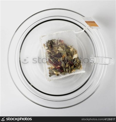 High angle view of a herbal teabag in a cup