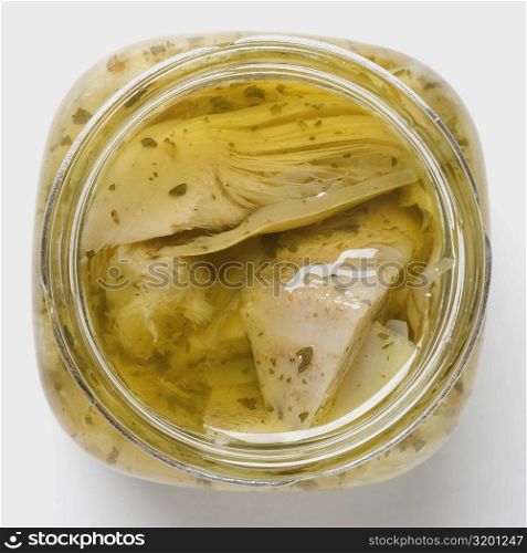 High angle view of a jar of pickle