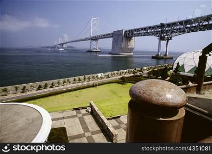 High angle view of a lawn near a bridge, Seto Ohashi Bridge, Shikoku, Japan