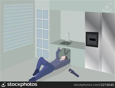 High angle view of a male plumber fixing a sink