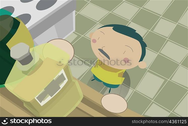 High angle view of a man reaching for a bottle in the bathroom