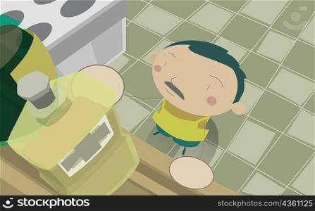 High angle view of a man reaching for a bottle in the bathroom