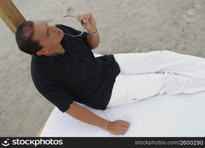 High angle view of a man sitting