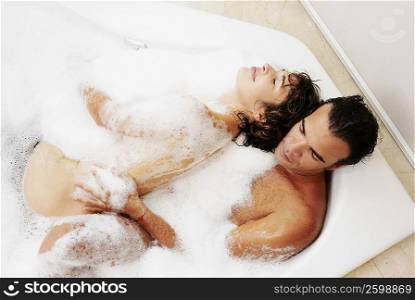 High angle view of a mature couple relaxing in a bathtub