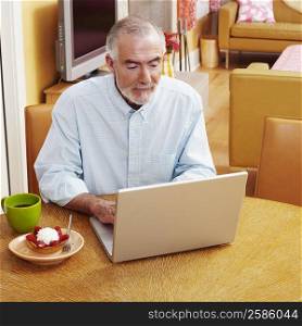 High angle view of a mature man using a laptop