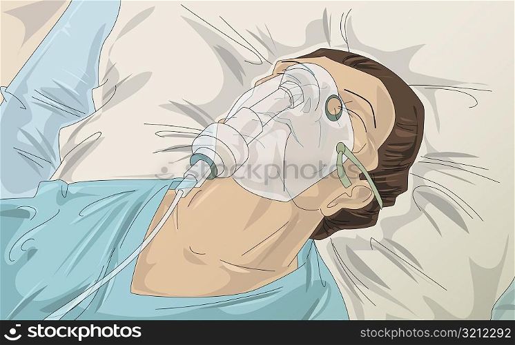 High angle view of a patient wearing an oxygen mask