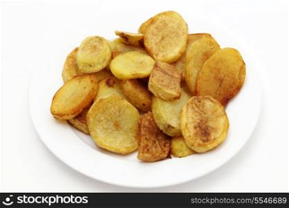 High angle view of a plate of sauteed potato slices