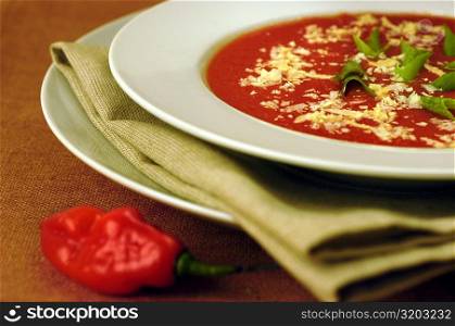High angle view of a plate of soup