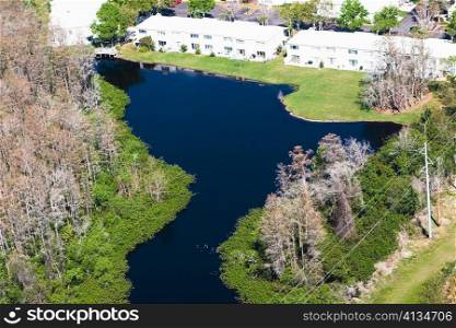 High angle view of a pond in front of a building, Orlando, Florida, USA
