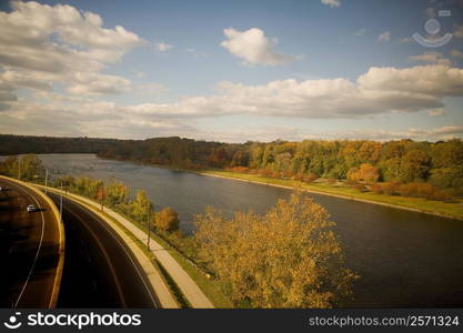 High angle view of a road along a river