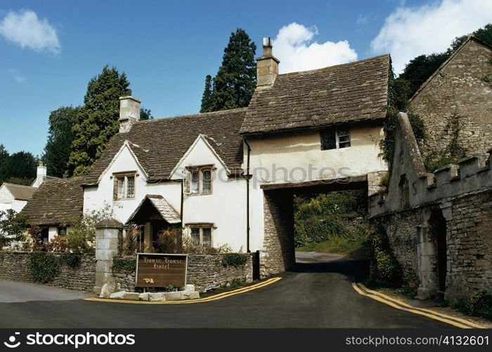 High angle view of a road leading to the entrance of a house, Castle Combe, England