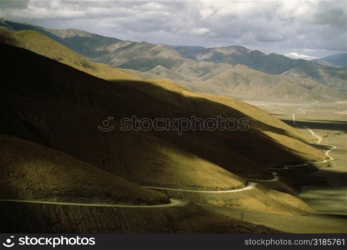 High angle view of a road running through a landscape, Katmandu Highway, Shegar, Tibet, China