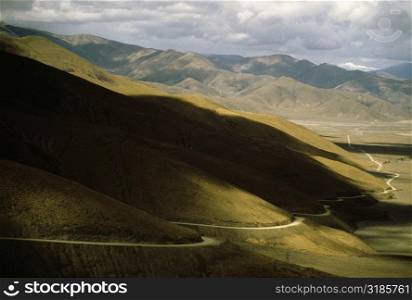 High angle view of a road running through a landscape, Katmandu Highway, Shegar, Tibet, China