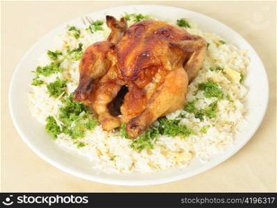 High-angle view of a roasted chicken on a bed of boiled rice garnished with parsley