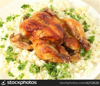High-angle view of a roasted chicken on a bed of boiled rice garnished with parsley