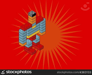 High angle view of a robot made of plastic blocks against a red background