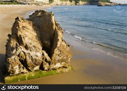 High angle view of a rock on the beach, Grande Plage, Biarritz, France