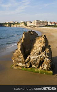 High angle view of a rock on the beach, Grande Plage, Hotel du Palais, Biarritz, France
