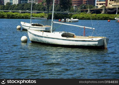 High angle view of a sailboat anchored, Boston, Massachusetts, USA