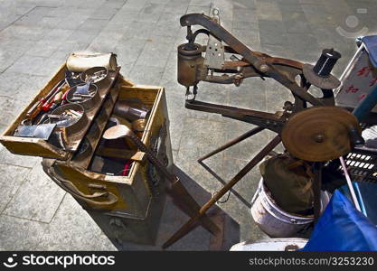 High angle view of a shoe making machine, HohHot, Inner Mongolia, China