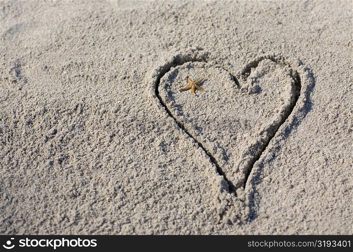 High angle view of a starfish in a heart drawn in sand