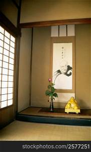 High angle view of a statue and a vase in a room, Ryogen-In Zen Temple, Kyoto, Japan