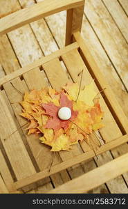 High angle view of a stone and maple leaves on a chair