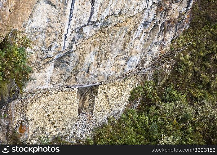High angle view of a stone wall, Inca, Machu Picchu, Peru