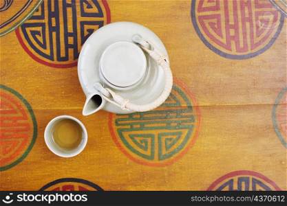 High angle view of a teapot and a tea cup