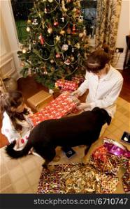 High angle view of a teenage girl and a girl wrapping a Christmas present