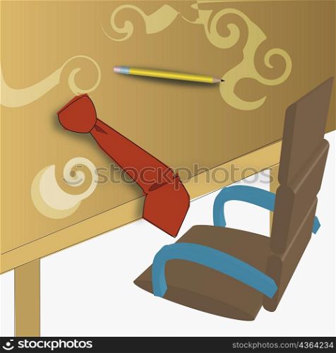 High angle view of a tie on a table with a pencil