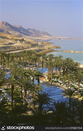 High angle view of a tourist resort at the coast, Dead Sea, Israel