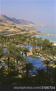 High angle view of a tourist resort at the coast, Dead Sea, Israel