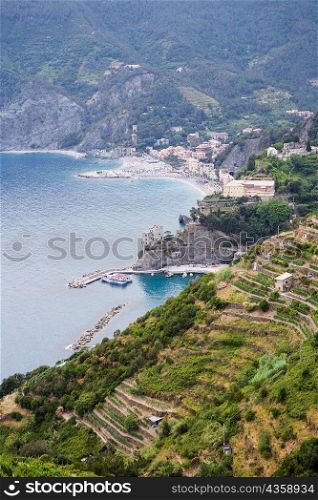 High angle view of a town at the sea side, Ligurian Sea, Italian Riviera, Cinque Terre, La Spezia, Liguria, Italy