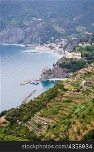 High angle view of a town at the sea side, Ligurian Sea, Italian Riviera, Cinque Terre, La Spezia, Liguria, Italy