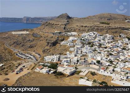 High angle view of a town, Lindos, Rhodes, Dodecanese Islands, Greece
