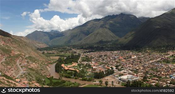 High angle view of a town, Urubamba, Sacred Valley, Cusco Region, Peru