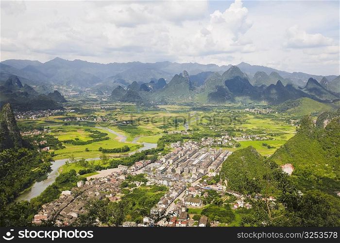High angle view of a town, Xingping, Yangshuo, Guangxi Province, China