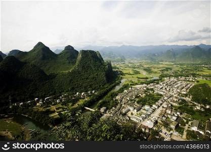 High angle view of a town, Xingping, Yangshuo, Guangxi Province, China